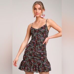 Lulu’s Floral Spaghetti Strap Ruched Mini Dress Size Large